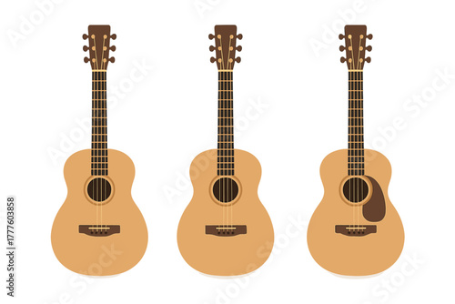 Three acoustic guitars musical instruments arranged in flat design style on white background
