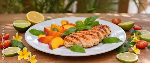 Tropical grilled chicken with peach and basil garnish