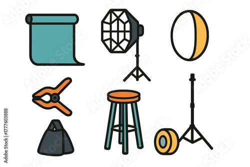 Professional photography studio equipment set including light stands, softbox, reflector, and backdrop