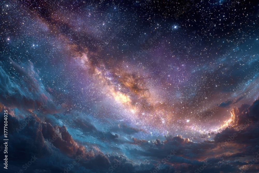 Obraz premium Galactic expanse above dark clouds offers a breathtaking display of celestial wonder