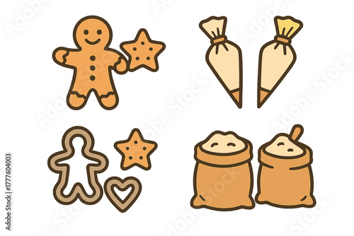 Gingerbread man cookie baking ingredients and tools set including flour bags piping bags and metal cutters