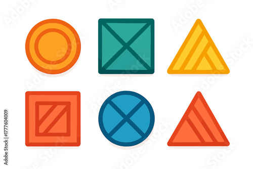 Set of colorful abstract geometric shapes including circles squares and triangles with internal line patterns