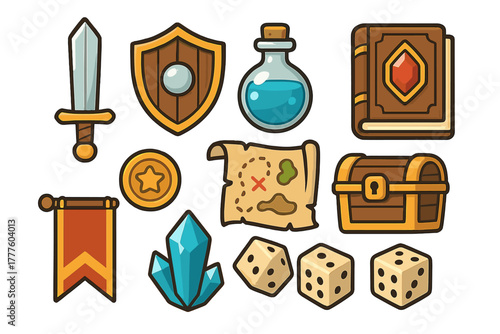 Cartoon fantasy game icons set featuring adventure equipment, magical artifacts, and treasure