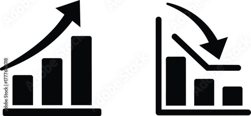 Business growth and decline graph chart icons for finance, market analysis, and data presentation vector illustration icon silhouette. 