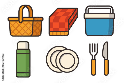 Colorful set of outdoor leisure and dining essentials including picnic basket, cooler, blanket, and cutlery