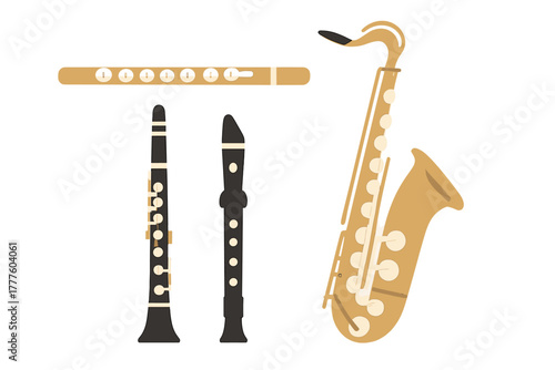 Classic woodwind instruments set featuring saxophone, clarinet, and flute