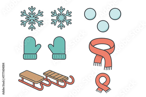 Colorful winter season elements including snowflakes, warm mittens, sleds, and snowballs