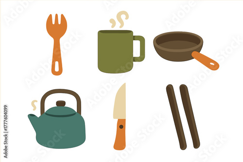 Essential outdoor camping kitchenware set including fork mug kettle knife and frying pan