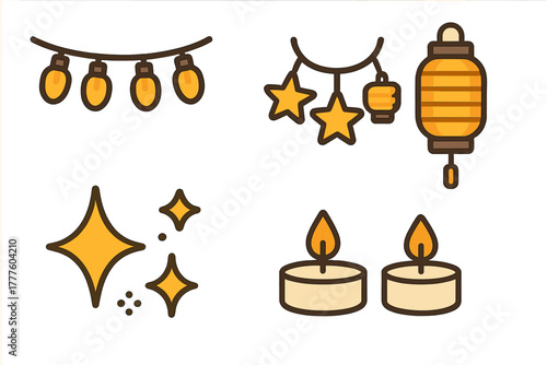 Set of festive decorative elements: string lights, hanging stars, traditional paper lantern, and burning tea light candles