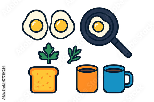 Classic breakfast meal elements set including fried eggs, toast, coffee, and cooking pan
