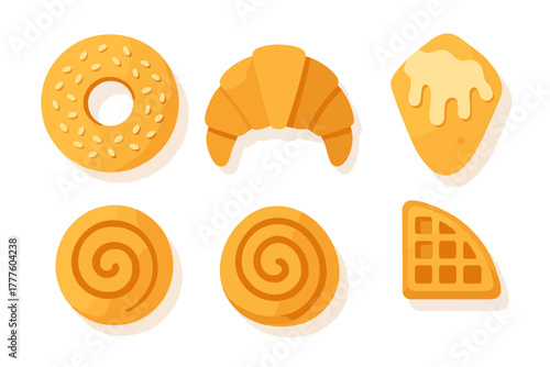 Assortment of delicious breakfast pastries including croissant, bagel, cinnamon rolls, and waffle