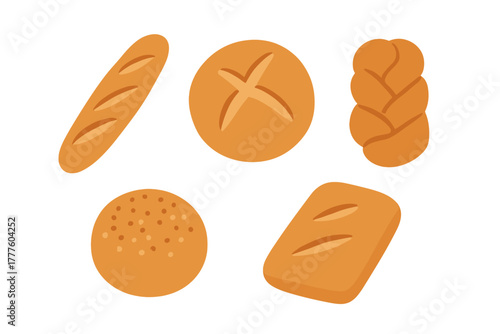 Fresh baked goods assortment featuring baguette, round loaf, braided bread, and buns