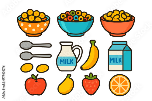 Assortment of breakfast foods featuring cereal bowls, milk cartons, spoons, and fresh fruits