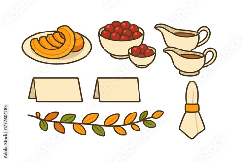 Thanksgiving dinner elements set with cranberry sauce gravy sweet potatoes place cards and autumn leaves