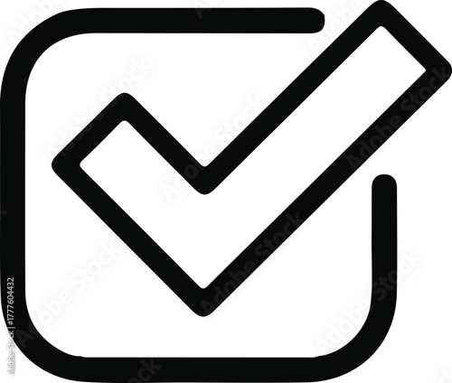 Check mark icon in minimalist outline style, Black outline check mark inside a square box, symbolizing approval, confirmation, success, or completed task in minimal design.

