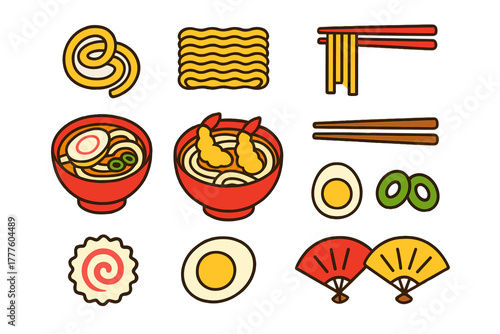 Japanese ramen and udon noodle ingredients set with chopsticks and traditional fans