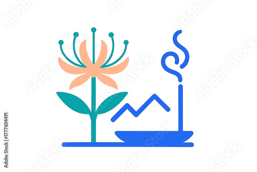 Minimalist floral design with burning incense stick and abstract landscape elements