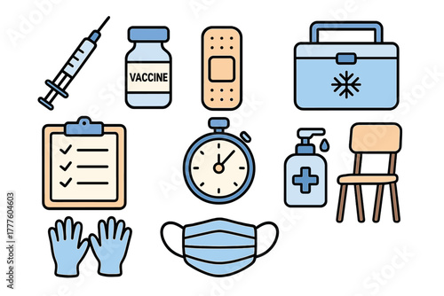 Essential medical supplies and vaccination equipment including syringe, vial, mask, gloves, and first aid kit