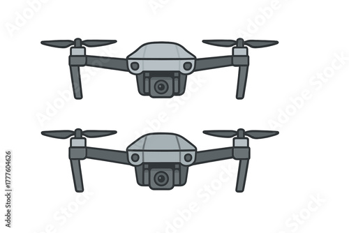 Identical gray quadcopter drones with integrated cameras for aerial filming and surveillance