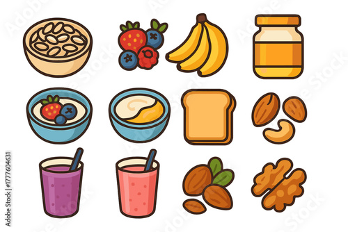 Set of healthy breakfast and snack foods including fruits, nuts, grains, and spreads