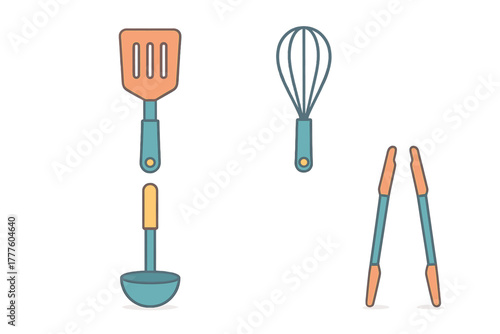 Set of essential kitchen utensils including spatula, whisk, ladle, and tongs for cooking