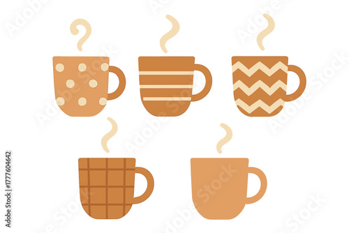 Set of five stylized warm beverage cups featuring various geometric patterns and steam