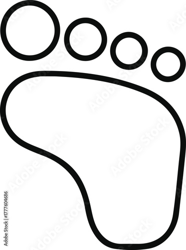 Minimalist black footprint outline icon, Simple black outline of a human footprint with five toes, ideal for design, signage, health, or travel-related illustrations.


