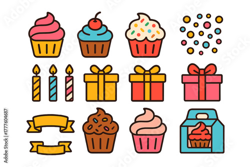 Colorful set of birthday celebration elements: cupcakes, wrapped gifts, burning candles, and festive banners