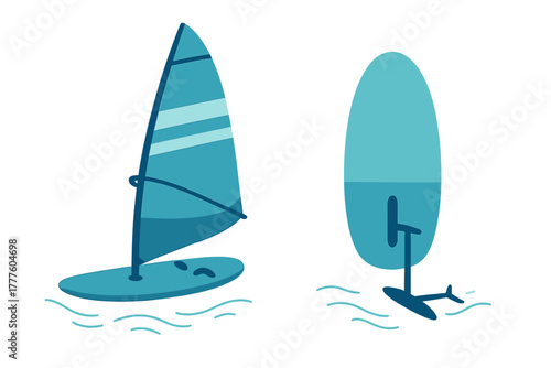 Windsurfing board with sail and hydrofoil surfboard equipment set in blue colors