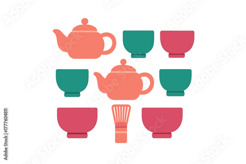 Seamless pattern of traditional Japanese matcha tea ceremony utensils including teapots, bowls, and a bamboo whisk