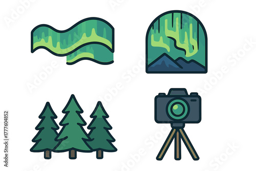 Spectacular Northern Lights phenomena over mountain landscape with pine trees and camera on tripod