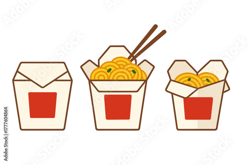Three different views of Chinese takeout containers filled with noodles and chopsticks