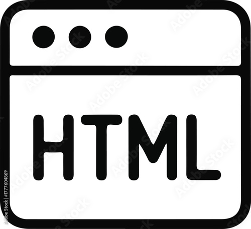 HTML web browser window icon illustration, Simple black and white icon showing an HTML text inside a browser window, representing coding, web development, and programming concepts.

