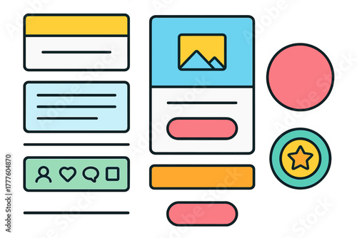 Abstract set of modern UI UX design components: cards, buttons, and icons