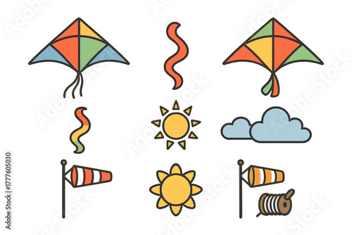 Colorful collection of kites, windsock, sun, clouds, and wind symbols and icons