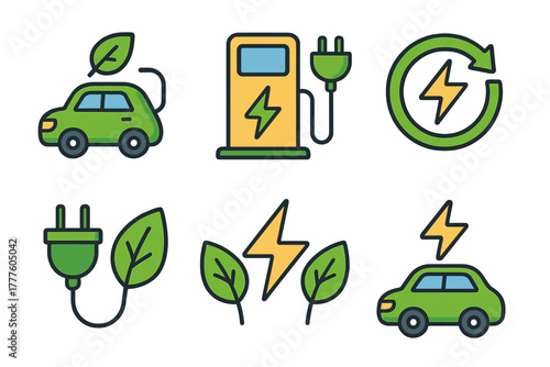 Electric vehicle charging station and eco-friendly transportation icons for sustainable energy