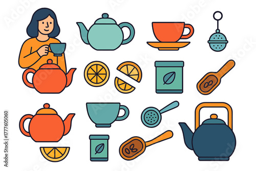 Colorful collection of tea ceremony objects including teapots cups lemon and a woman drinking hot beverage