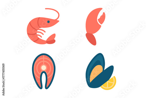 Flat design icons set featuring various seafood items like shrimp, crab claw, salmon steak, and mussel