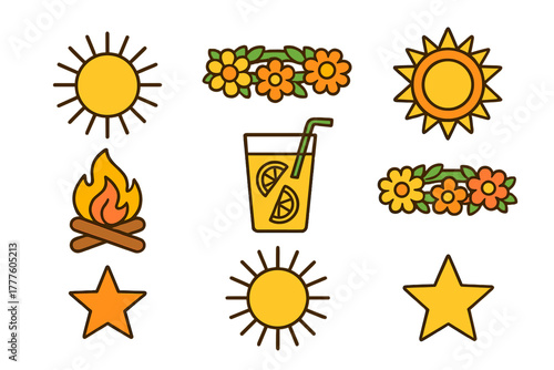 Bright summer icons: sun shapes, burning campfire, refreshing lemonade, floral wreaths, and stars