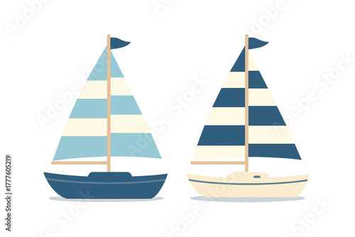 Pair of stylized sailboats featuring striped sails and nautical colors isolated on white