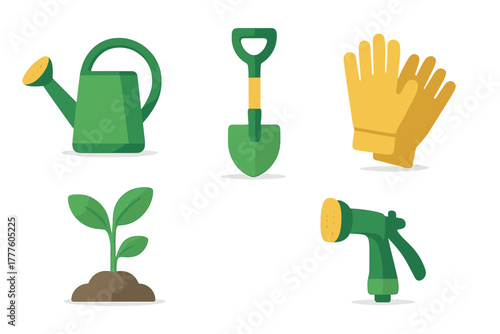 Essential gardening tools set with watering can, shovel, gloves, and young plant seedling