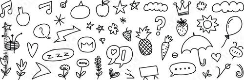 Creative hand drawn doodle elements collection featuring multiple objects and simple symbols