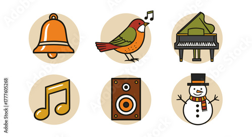 Collection of Holiday Music themed icons, including  Snowman with a top hat and musical elements
