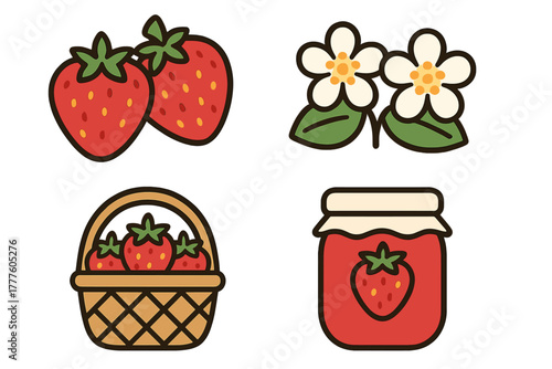 Fresh strawberries, blooming flowers, wicker basket, and homemade jam jar symbols for harvest