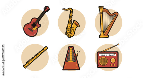 Collection of Holiday Music themed icons, including musical instruments including guitar, saxophone, harp, and radio