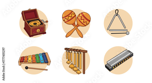 Collection of Holiday Music themed icons, including Illustration of various musical instruments including harmonica