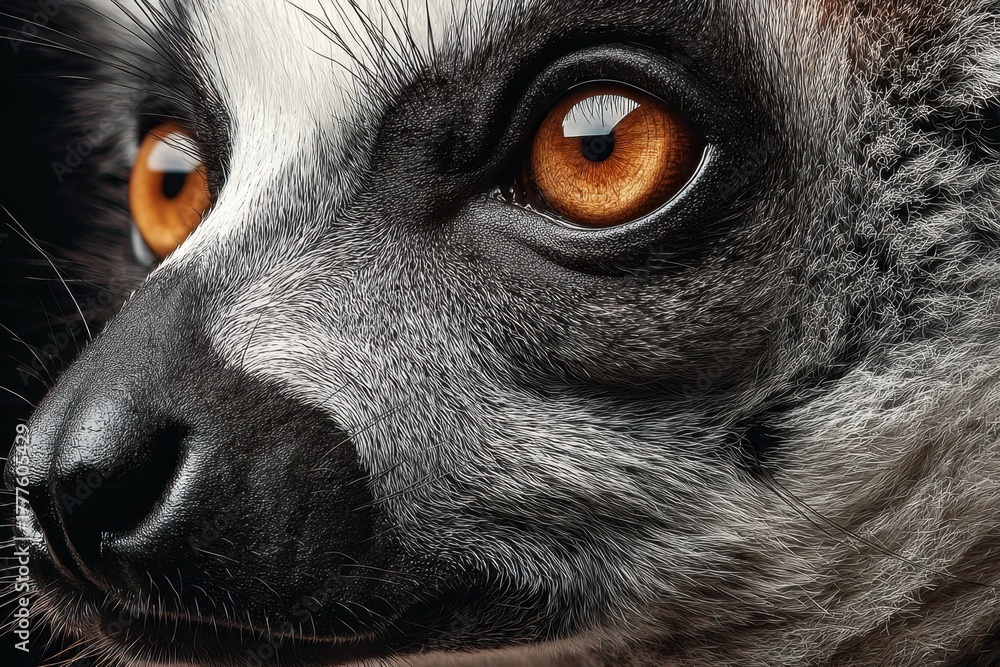Obraz premium Ring tailed lemur close up reveals striking amber eyes and patterned fur details, showcasing wildlife beauty
