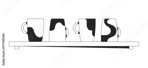 Artistic coffee mugs on wooden shelf 2D line object. Ceramic drinkware. Coffeecups with bold abstract patterns. Kitchen decor isolated clipart vector ink outline item. Monochrome spot illustration