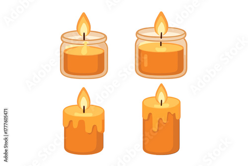 Set of four burning orange candles, two in glass jars and two freestanding wax pillars, providing warm light