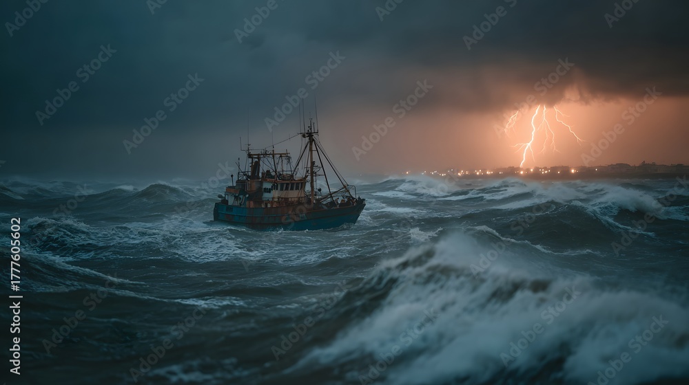 Obraz premium Dramatic action shot of a fishing trawler battling a rough, stormy sea, as huge waves crash and distant lightning illuminates dark, turbulent clouds.
